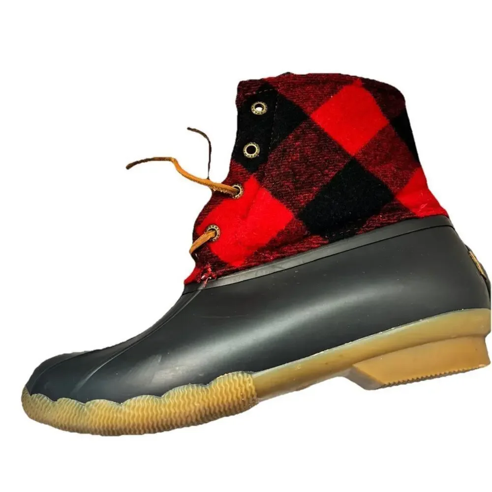 Sperry Womens 8 Saltwater Red Buffalo Plaid Zip Up Duck Boots Winter Rain
